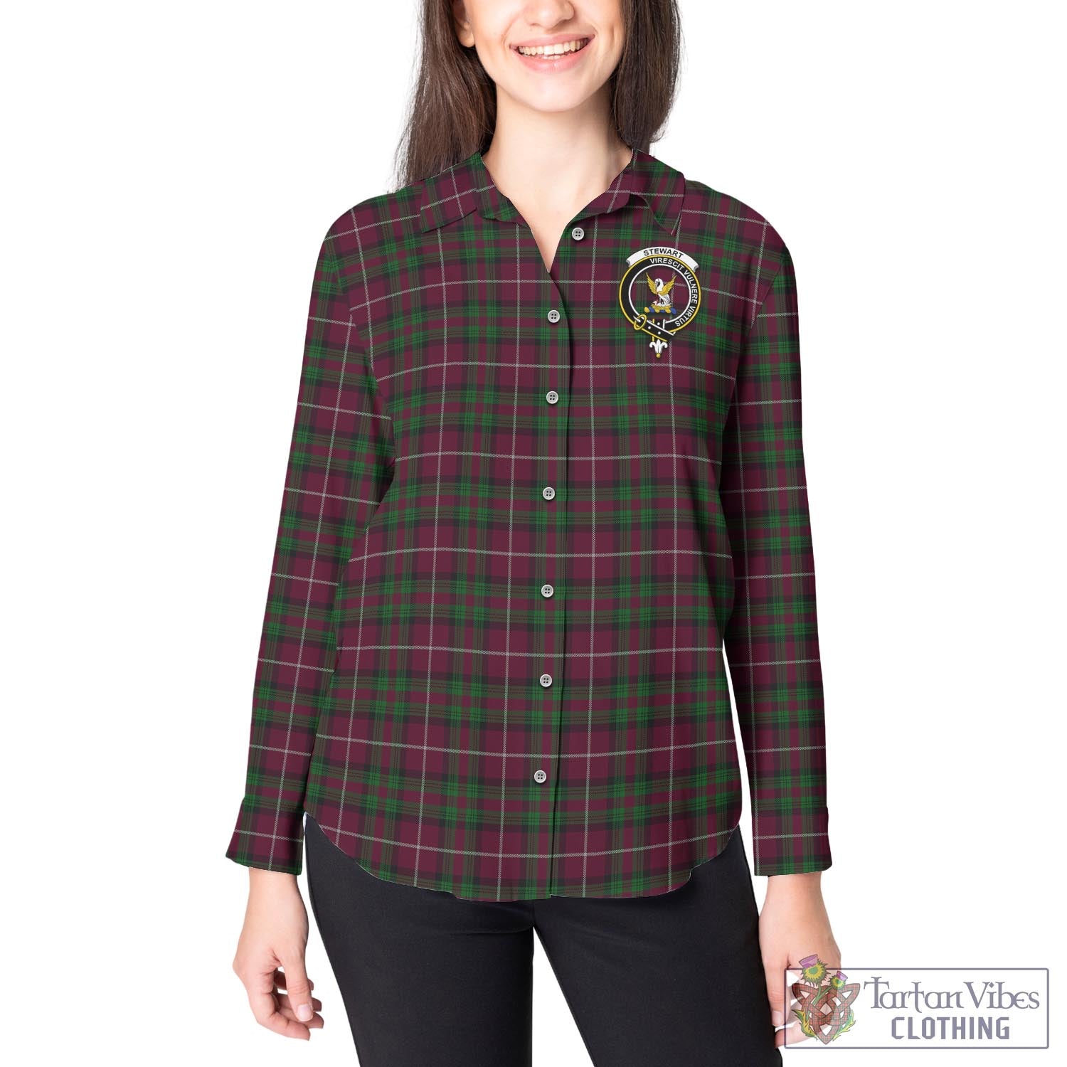 Tartan Vibes Clothing Stewart of Bute Hunting Tartan Womens Casual Shirt with Family Crest