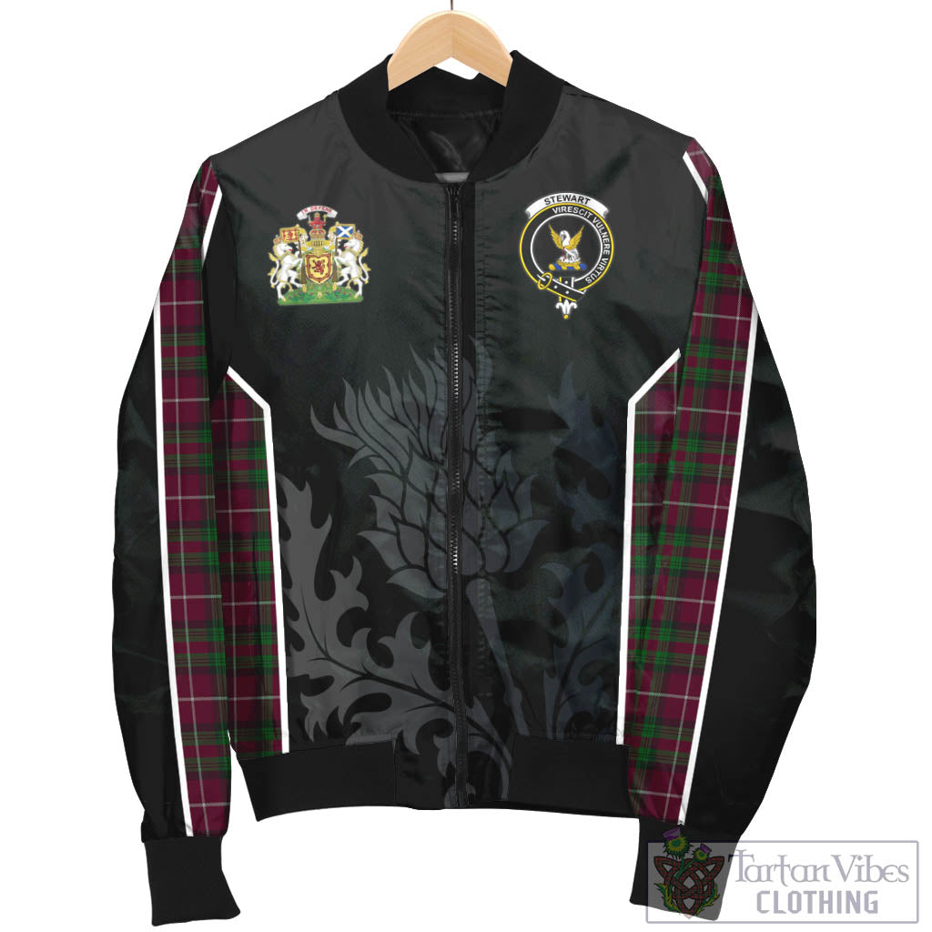 Tartan Vibes Clothing Stewart of Bute Hunting Tartan Bomber Jacket with Family Crest and Scottish Thistle Vibes Sport Style