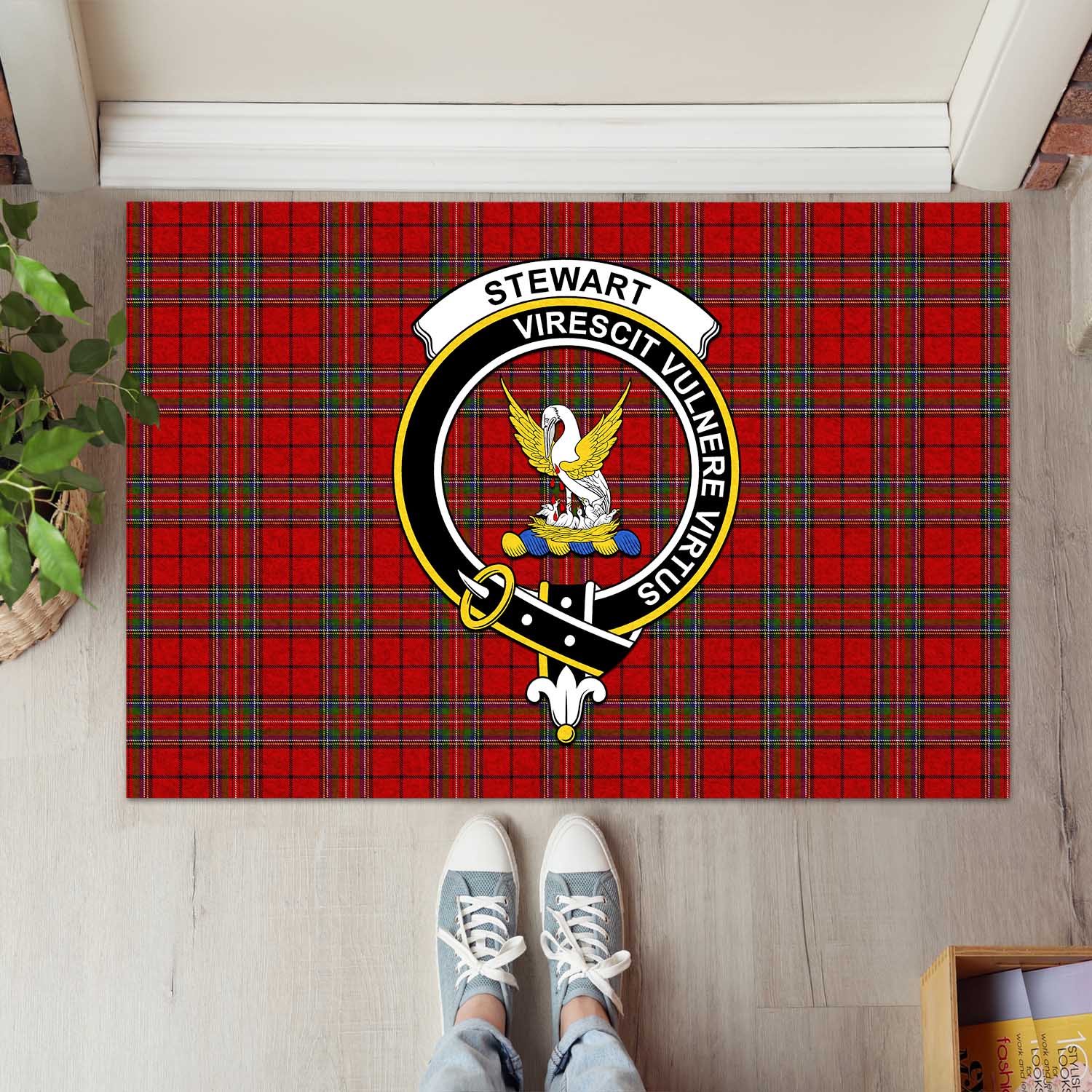 Stewart of Galloway Tartan Door Mat with Family Crest - Tartanvibesclothing Shop