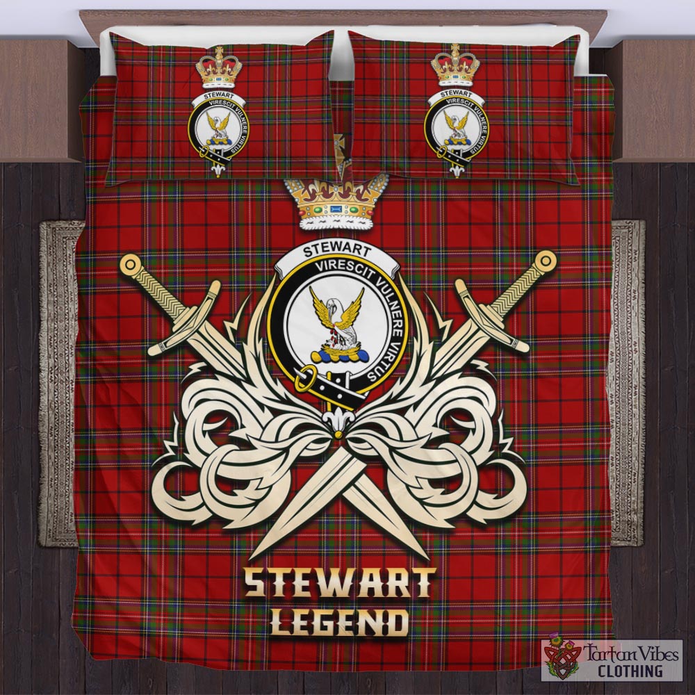 Tartan Vibes Clothing Stewart of Galloway Tartan Bedding Set with Clan Crest and the Golden Sword of Courageous Legacy