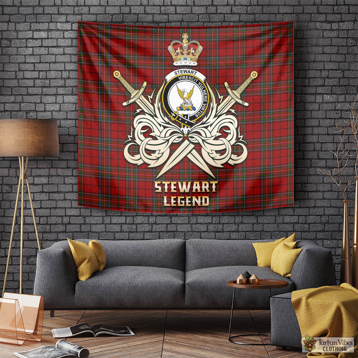 Tartan Vibes Clothing Stewart of Galloway Tartan Tapestry with Clan Crest and the Golden Sword of Courageous Legacy