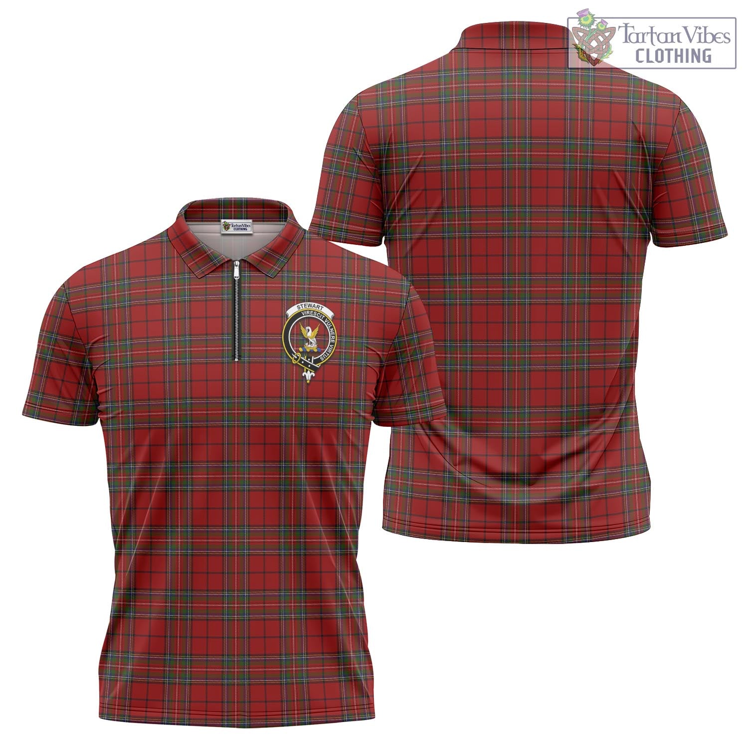 Tartan Vibes Clothing Stewart of Galloway Tartan Zipper Polo Shirt with Family Crest