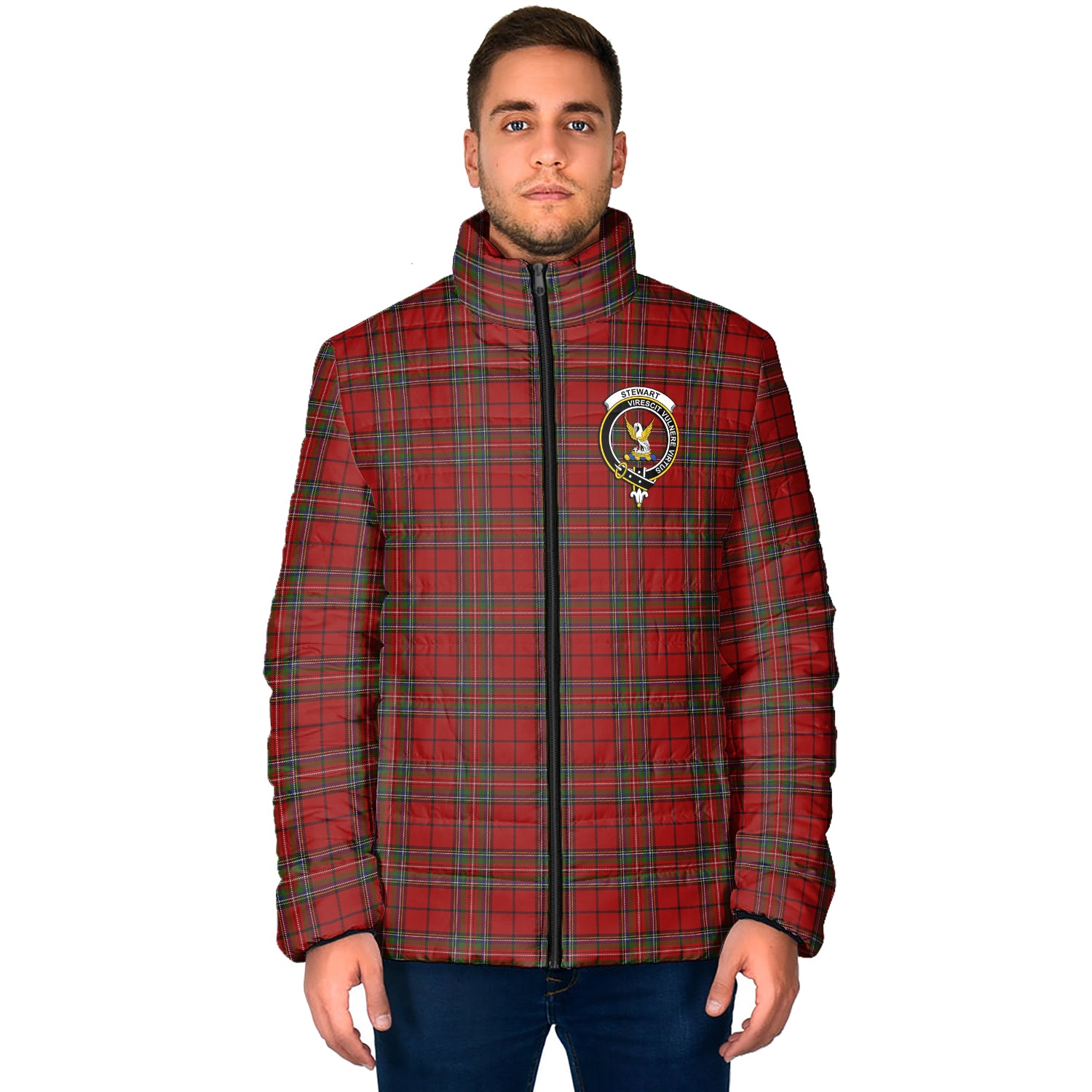 Stewart of Galloway Tartan Padded Jacket with Family Crest - Tartan Vibes Clothing