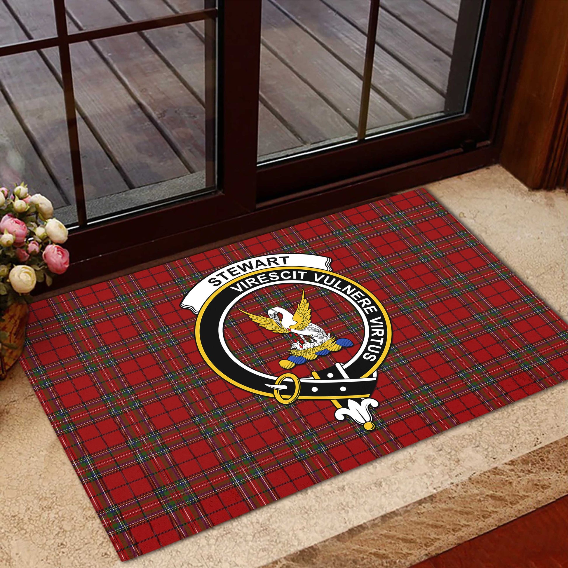 Stewart of Galloway Tartan Door Mat with Family Crest - Tartanvibesclothing Shop