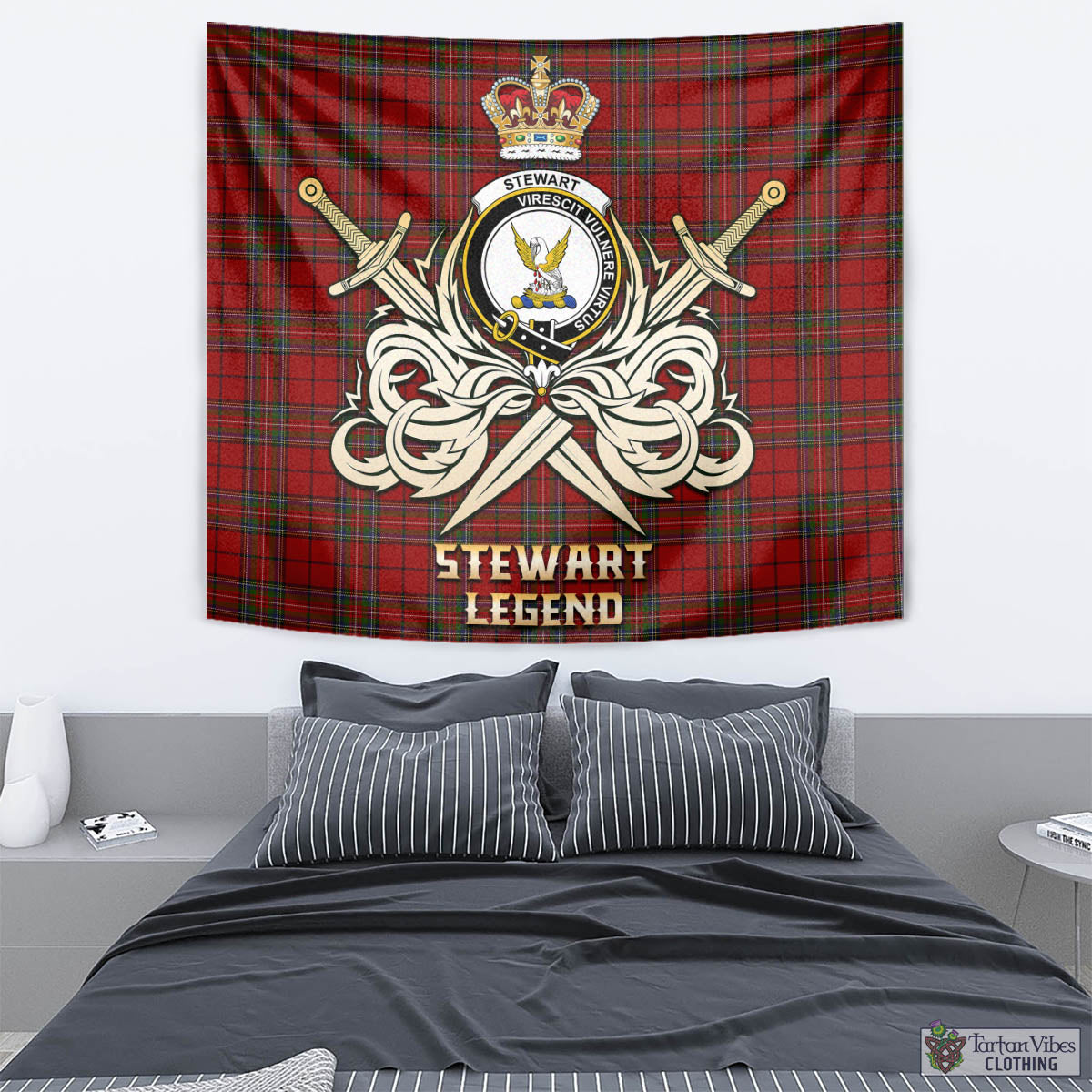 Tartan Vibes Clothing Stewart of Galloway Tartan Tapestry with Clan Crest and the Golden Sword of Courageous Legacy