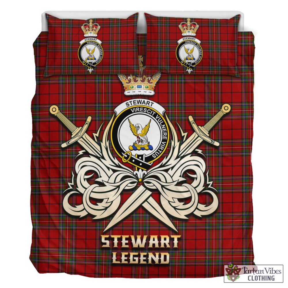 Tartan Vibes Clothing Stewart of Galloway Tartan Bedding Set with Clan Crest and the Golden Sword of Courageous Legacy