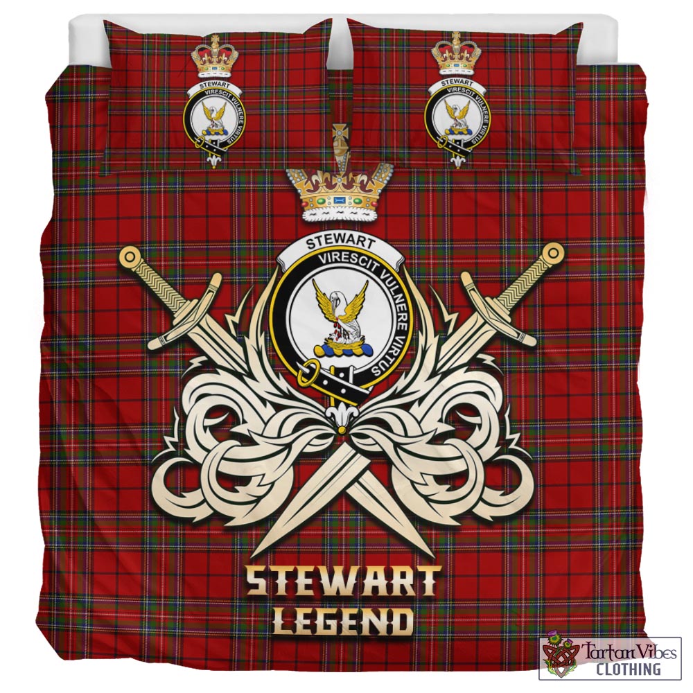 Tartan Vibes Clothing Stewart of Galloway Tartan Bedding Set with Clan Crest and the Golden Sword of Courageous Legacy