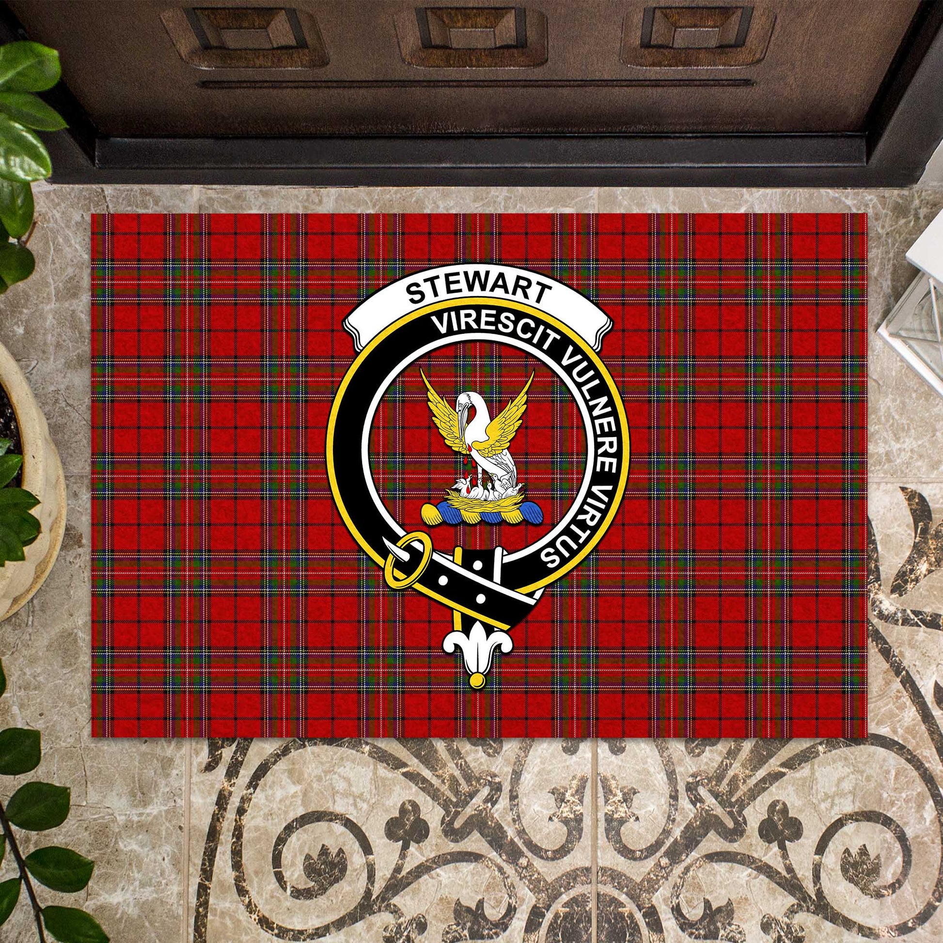 Stewart of Galloway Tartan Door Mat with Family Crest - Tartanvibesclothing Shop