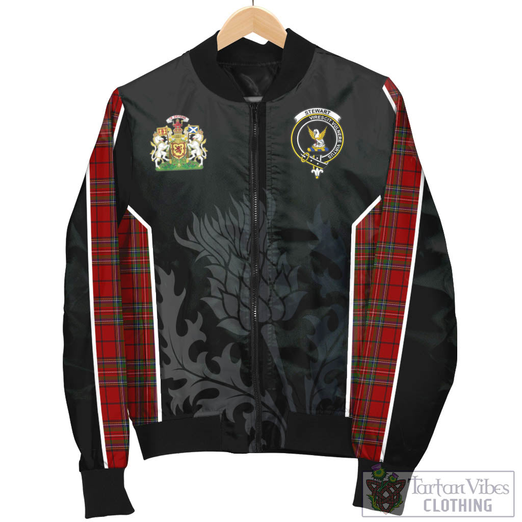 Tartan Vibes Clothing Stewart of Galloway Tartan Bomber Jacket with Family Crest and Scottish Thistle Vibes Sport Style