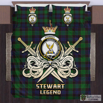 Stewart Old Tartan Bedding Set with Clan Crest and the Golden Sword of Courageous Legacy