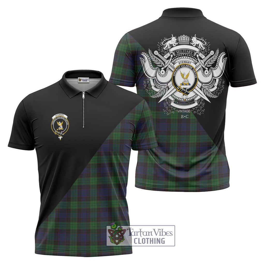 Stewart Old Tartan Zipper Polo Shirt with Family Crest and Military Logo Style Unisex - Tartanvibesclothing Shop