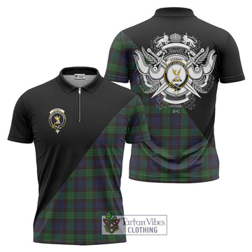 Stewart Old Tartan Zipper Polo Shirt with Family Crest and Military Logo Style