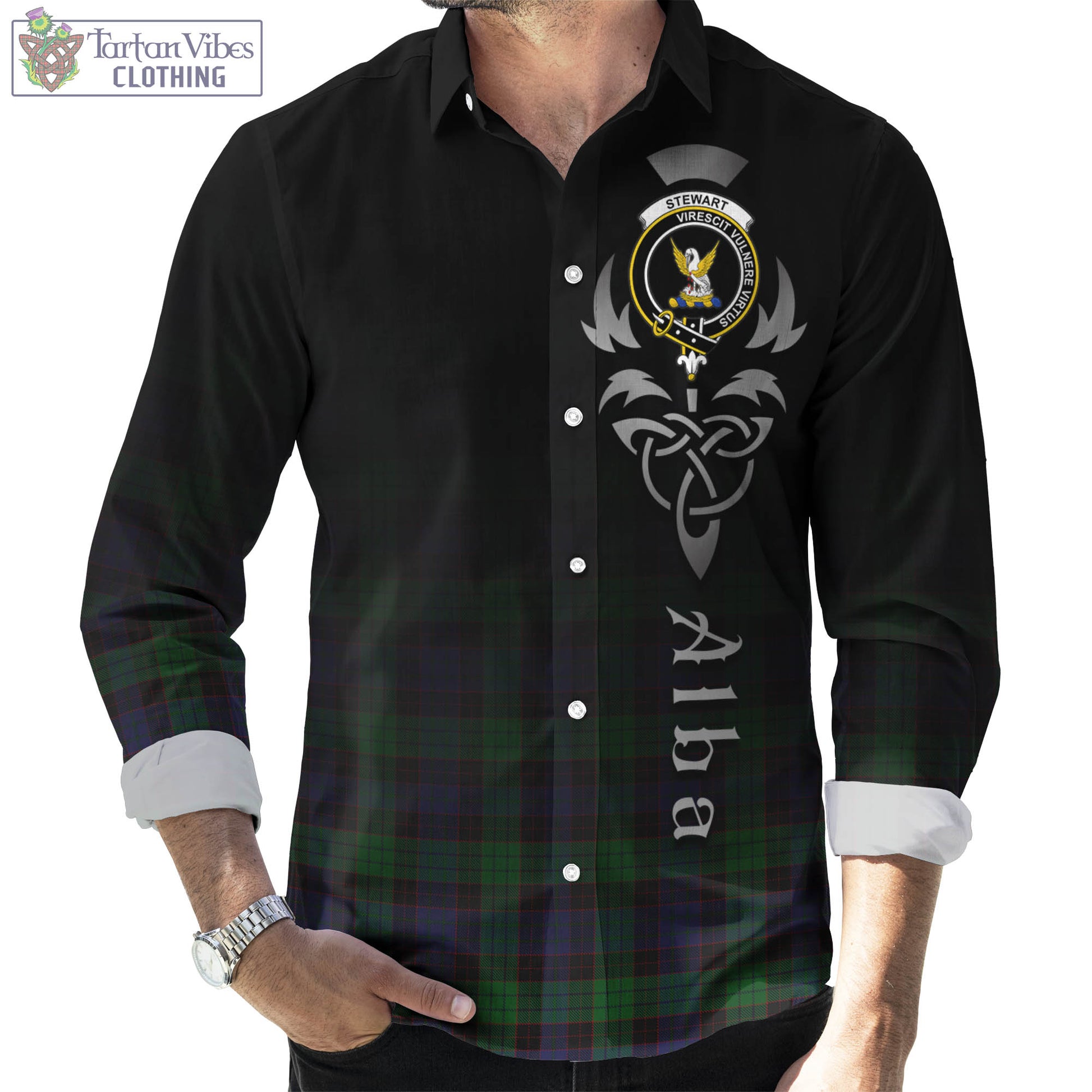 Tartan Vibes Clothing Stewart Old Tartan Long Sleeve Button Up Featuring Alba Gu Brath Family Crest Celtic Inspired