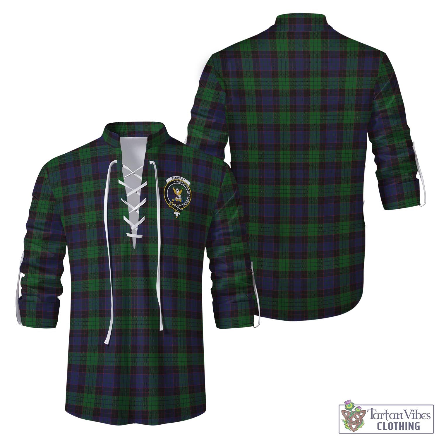 Tartan Vibes Clothing Stewart Old Tartan Men's Scottish Traditional Jacobite Ghillie Kilt Shirt with Family Crest