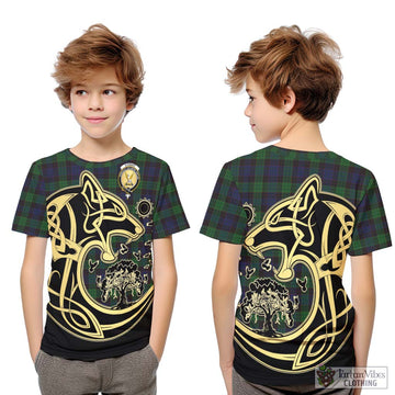 Stewart Old Tartan Kid T-Shirt with Family Crest Celtic Wolf Style