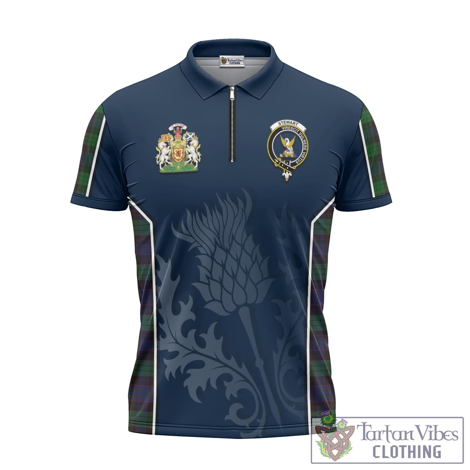 Tartan Vibes Clothing Stewart Old Tartan Zipper Polo Shirt with Family Crest and Scottish Thistle Vibes Sport Style