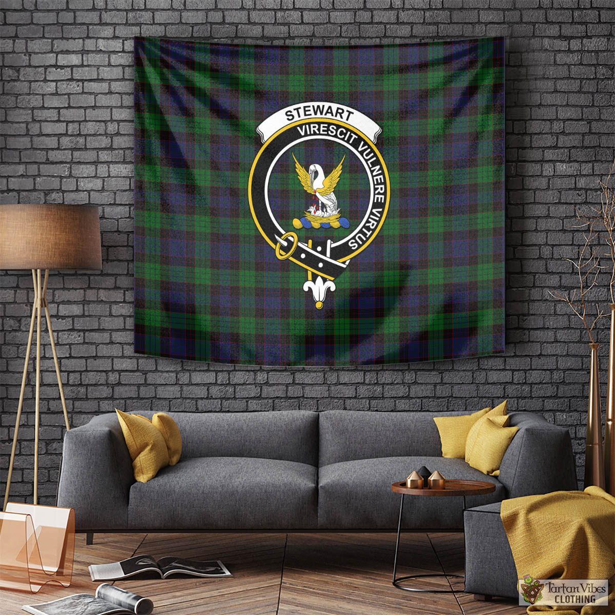 Tartan Vibes Clothing Stewart Old Tartan Tapestry Wall Hanging and Home Decor for Room with Family Crest