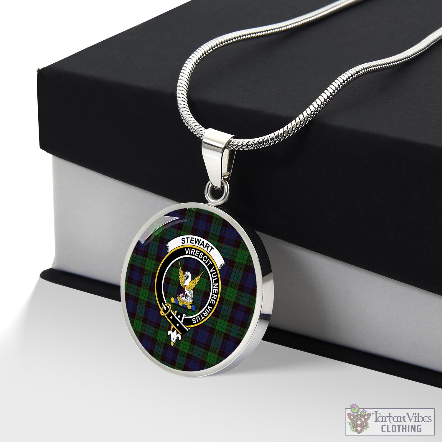 Tartan Vibes Clothing Stewart Old Tartan Circle Necklace with Family Crest