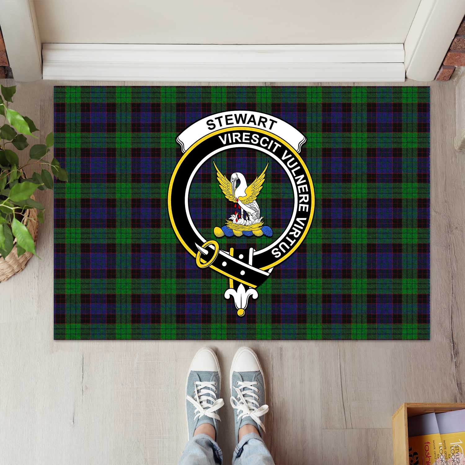 Stewart Old Tartan Door Mat with Family Crest - Tartanvibesclothing Shop