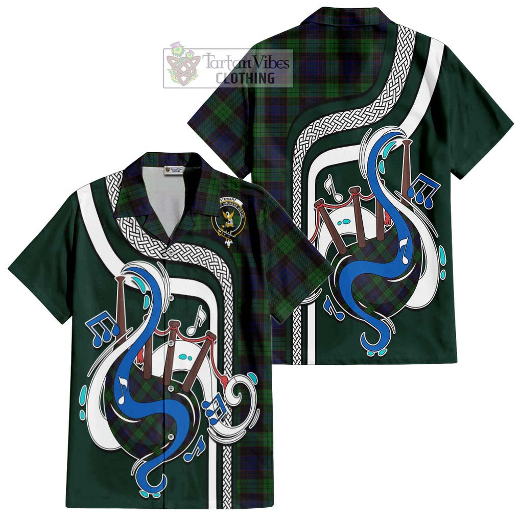 Stewart Old Tartan Short Sleeve Button Shirt with Epic Bagpipe Style Kid - Tartanvibesclothing Shop