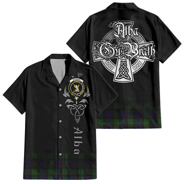 Stewart Old Tartan Short Sleeve Button Up Shirt Featuring Alba Gu Brath Family Crest Celtic Inspired