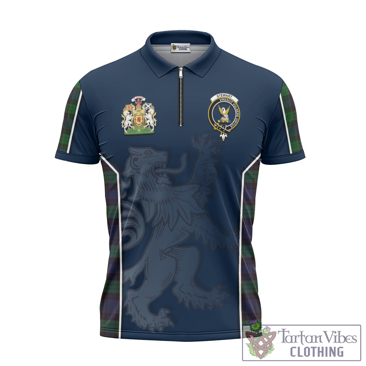 Tartan Vibes Clothing Stewart Old Tartan Zipper Polo Shirt with Family Crest and Lion Rampant Vibes Sport Style