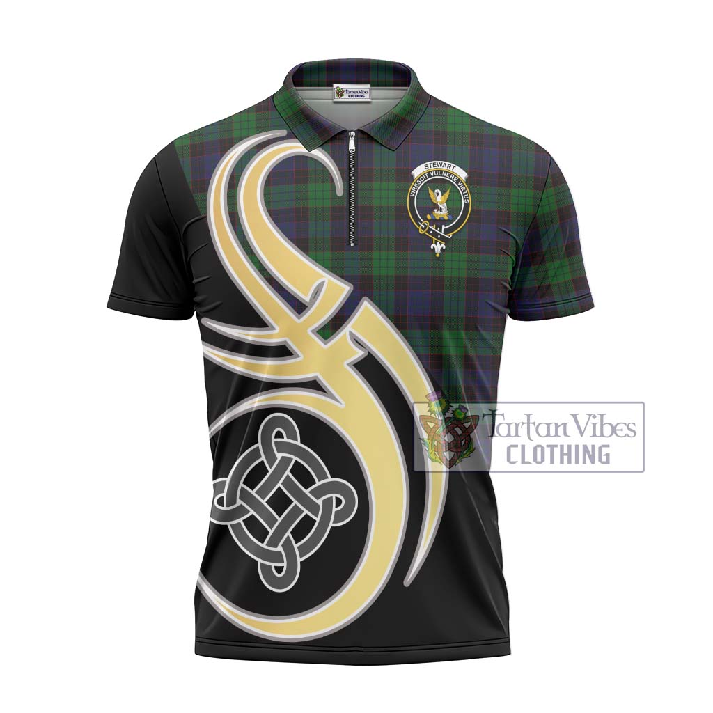 Tartan Vibes Clothing Stewart Old Tartan Zipper Polo Shirt with Family Crest and Celtic Symbol Style