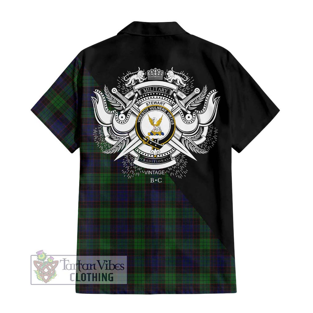 Stewart Old Tartan Short Sleeve Button Shirt with Family Crest and Military Logo Style - Tartanvibesclothing Shop