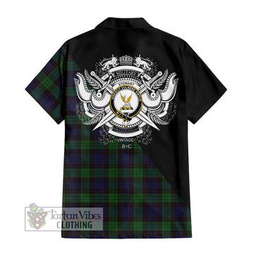 Stewart Old Tartan Short Sleeve Button Shirt with Family Crest and Military Logo Style