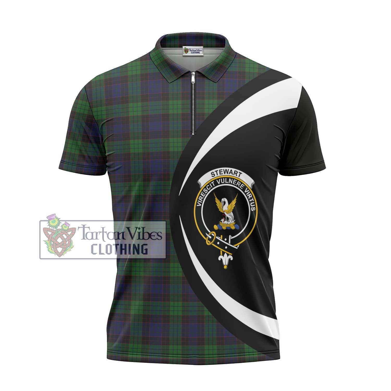 Tartan Vibes Clothing Stewart Old Tartan Zipper Polo Shirt with Family Crest Circle Style