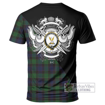 Stewart Old Tartan T-Shirt with Family Crest and Military Logo Style