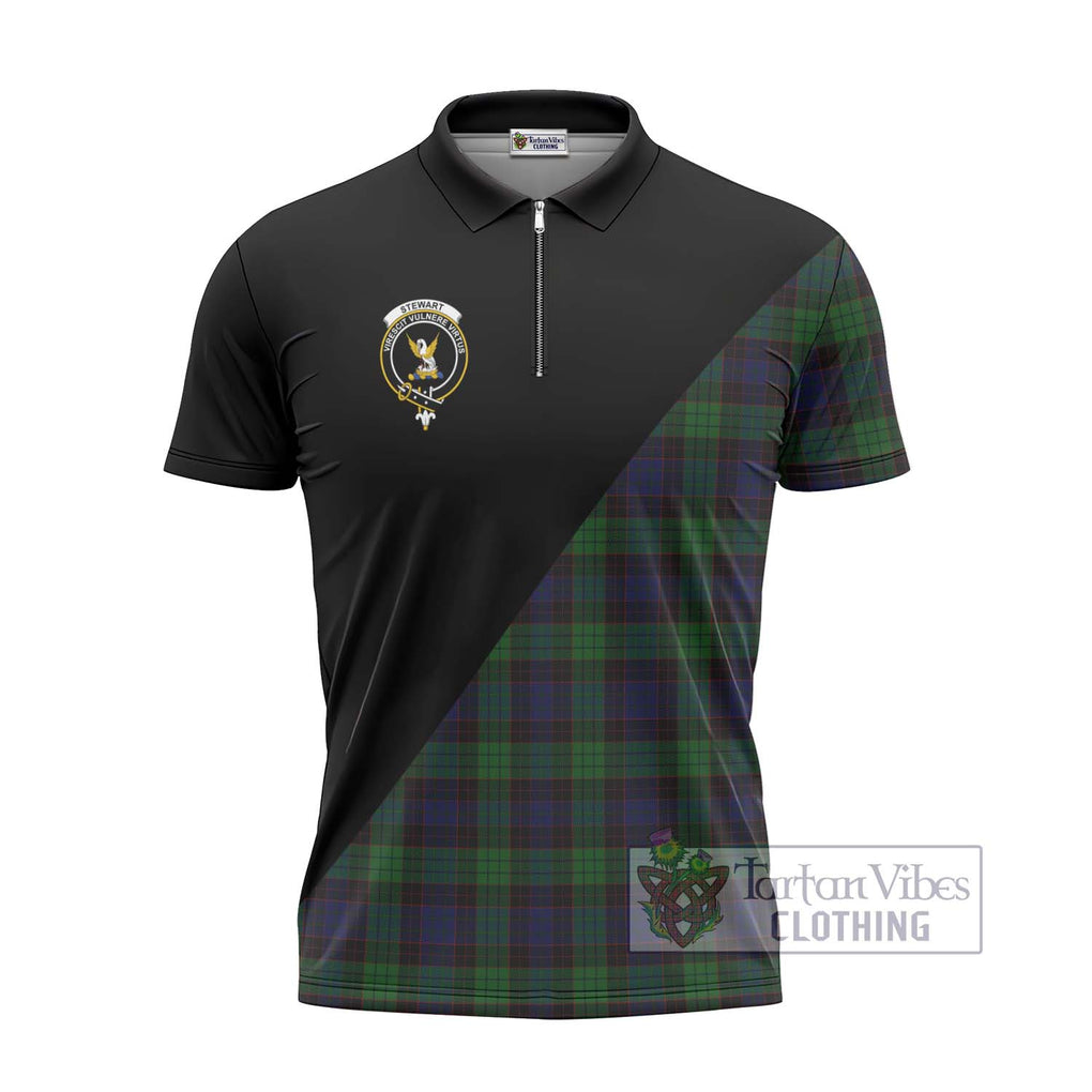 Stewart Old Tartan Zipper Polo Shirt with Family Crest and Military Logo Style - Tartanvibesclothing Shop