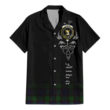 Stewart Old Tartan Short Sleeve Button Up Shirt Featuring Alba Gu Brath Family Crest Celtic Inspired