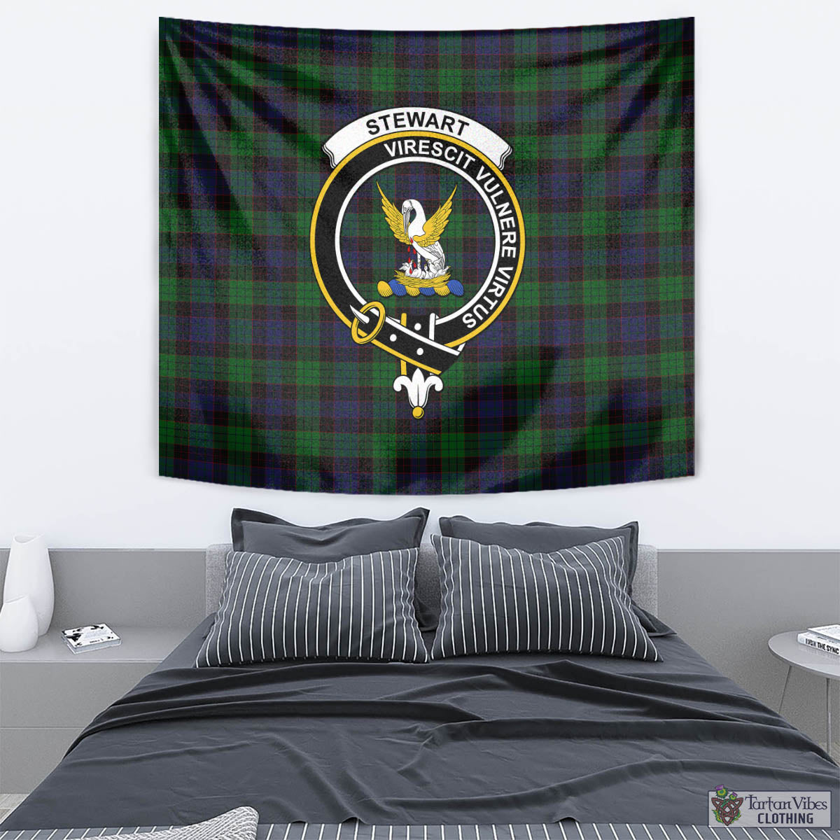 Tartan Vibes Clothing Stewart Old Tartan Tapestry Wall Hanging and Home Decor for Room with Family Crest