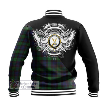 Stewart Old Tartan Baseball Jacket with Family Crest and Military Logo Style