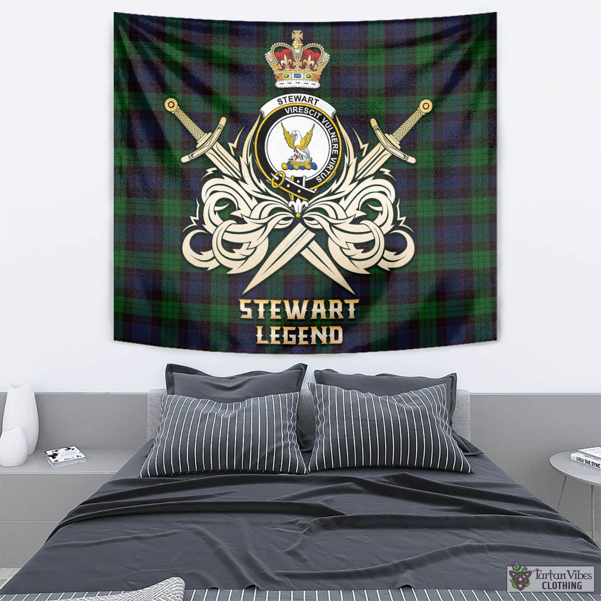 Tartan Vibes Clothing Stewart Old Tartan Tapestry with Clan Crest and the Golden Sword of Courageous Legacy