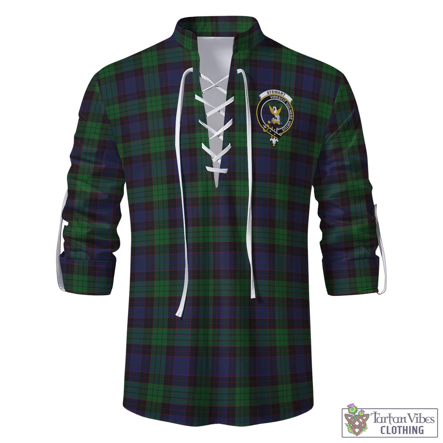 Tartan Vibes Clothing Stewart Old Tartan Men's Scottish Traditional Jacobite Ghillie Kilt Shirt with Family Crest