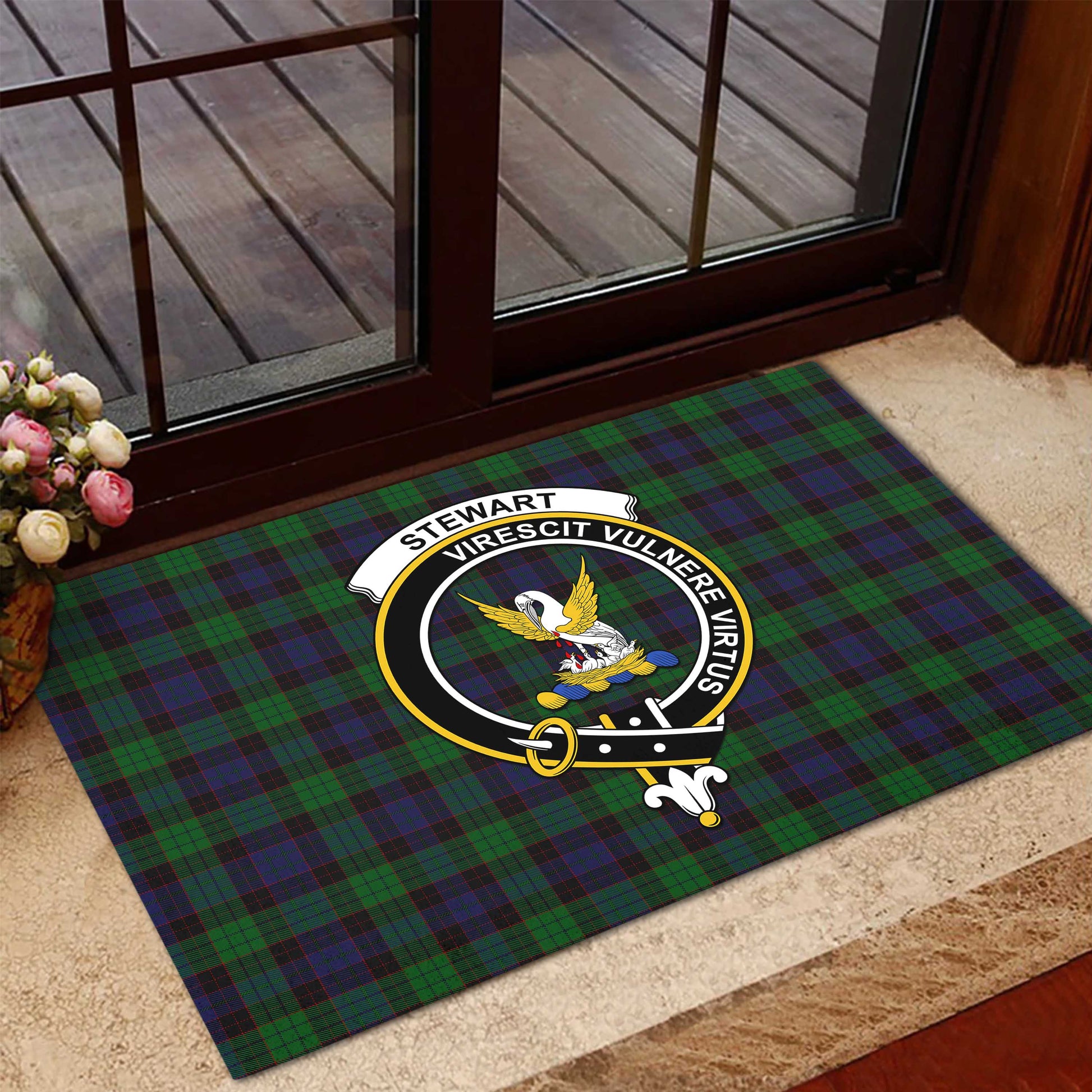 Stewart Old Tartan Door Mat with Family Crest - Tartanvibesclothing Shop