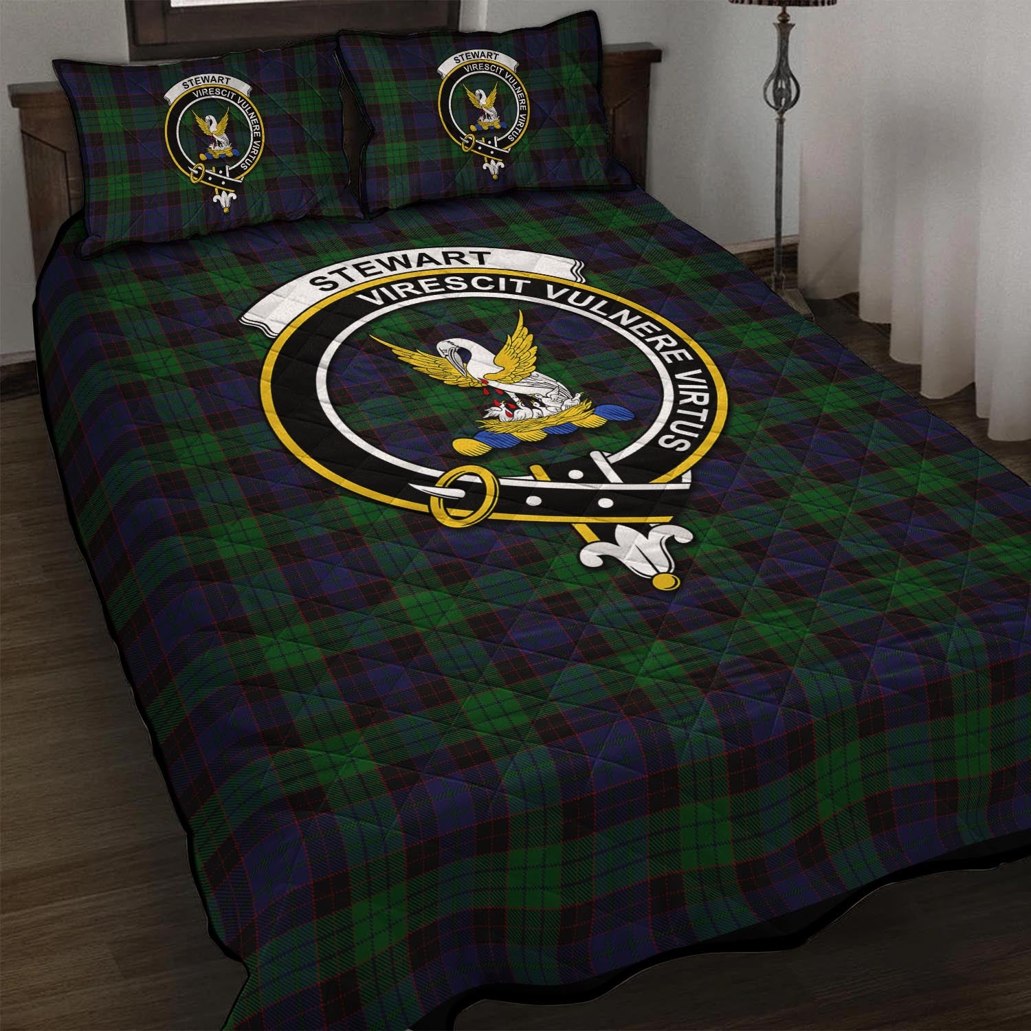 Stewart Old Tartan Quilt Bed Set with Family Crest - Tartan Vibes Clothing