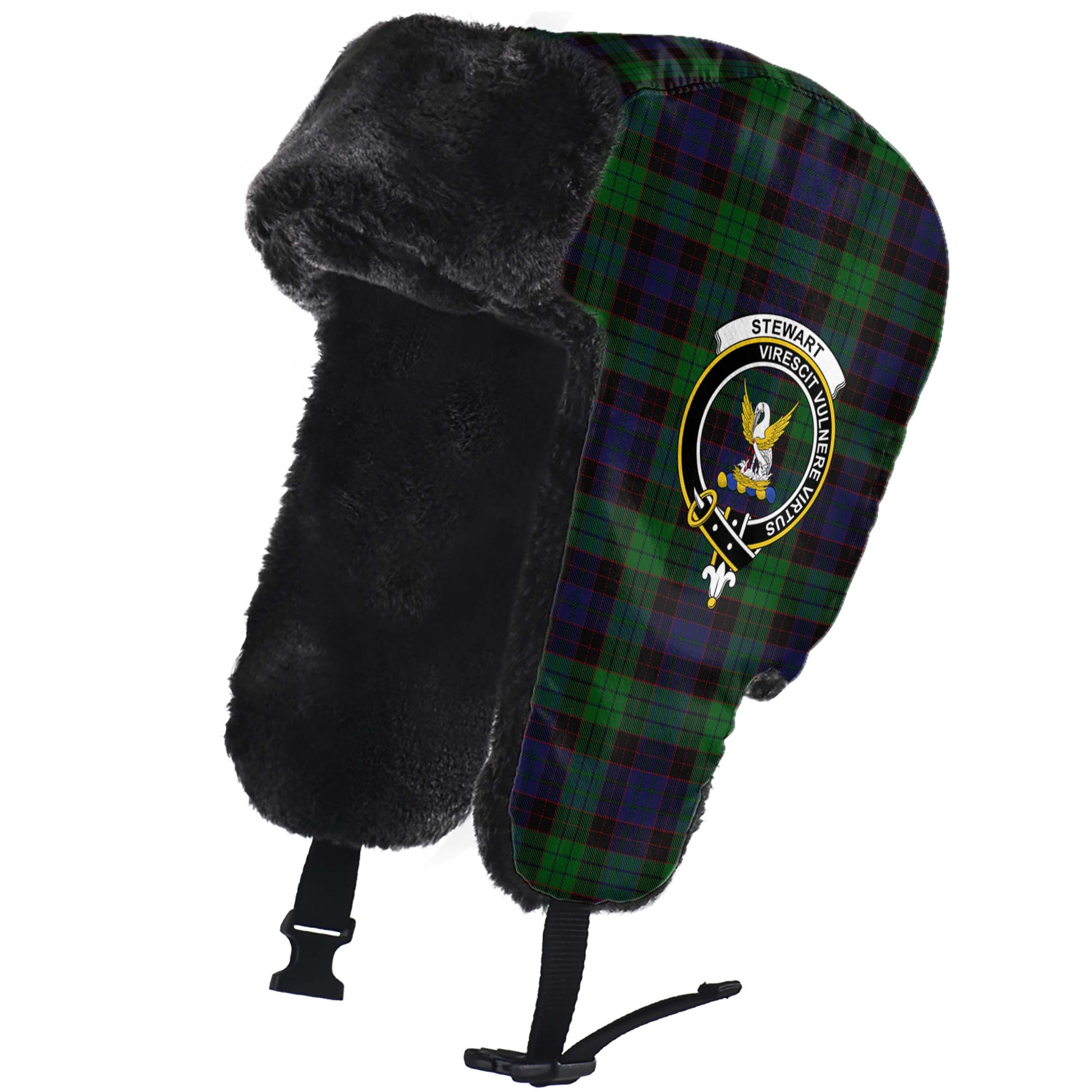 Stewart Old Tartan Winter Trapper Hat with Family Crest - Tartanvibesclothing