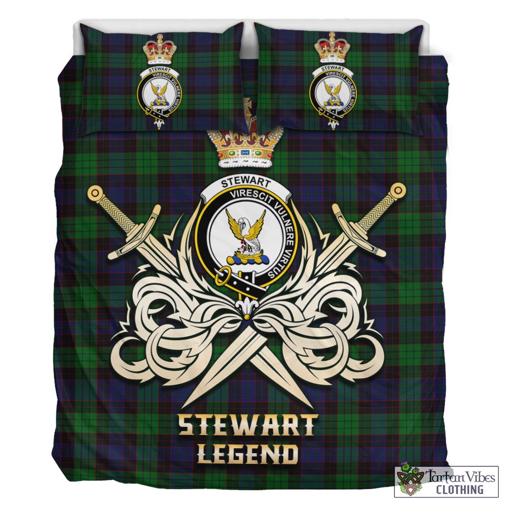 Tartan Vibes Clothing Stewart Old Tartan Bedding Set with Clan Crest and the Golden Sword of Courageous Legacy