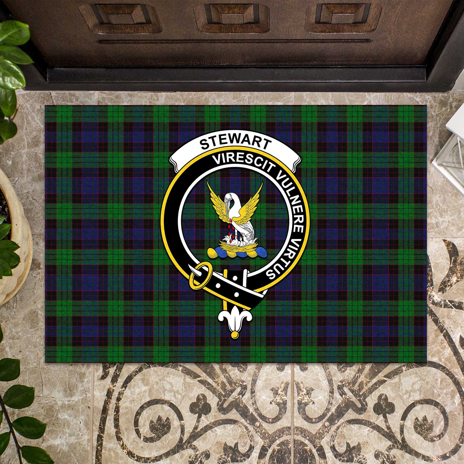 Stewart Old Tartan Door Mat with Family Crest - Tartanvibesclothing Shop