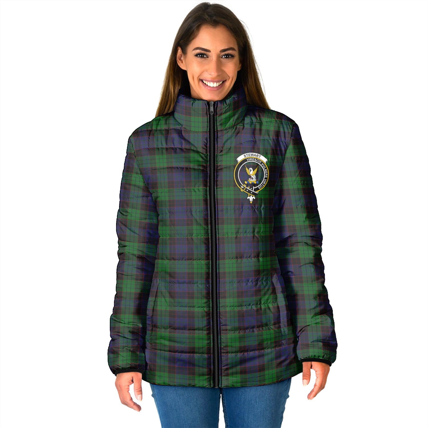 Stewart Old Tartan Padded Jacket with Family Crest - Tartan Vibes Clothing