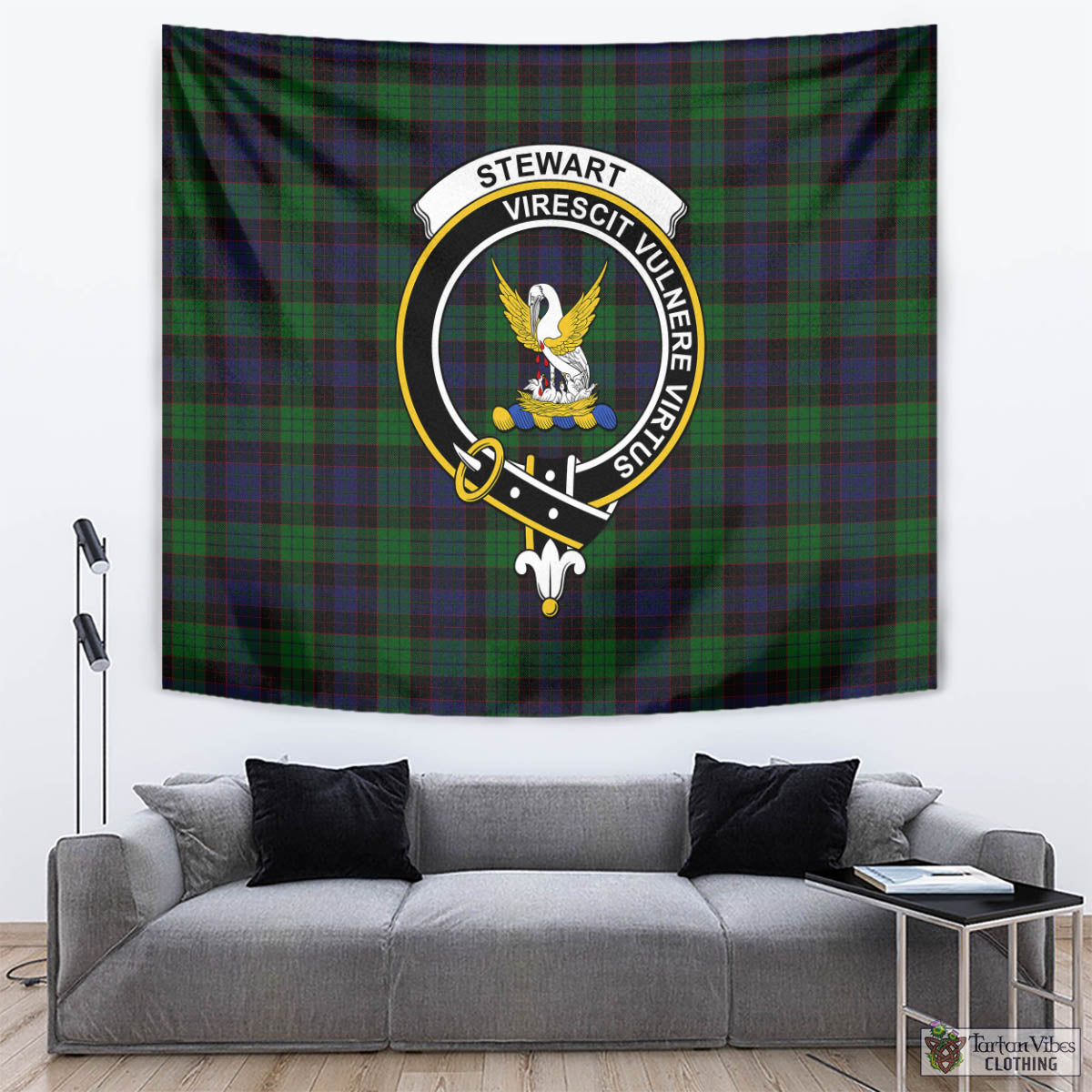 Tartan Vibes Clothing Stewart Old Tartan Tapestry Wall Hanging and Home Decor for Room with Family Crest