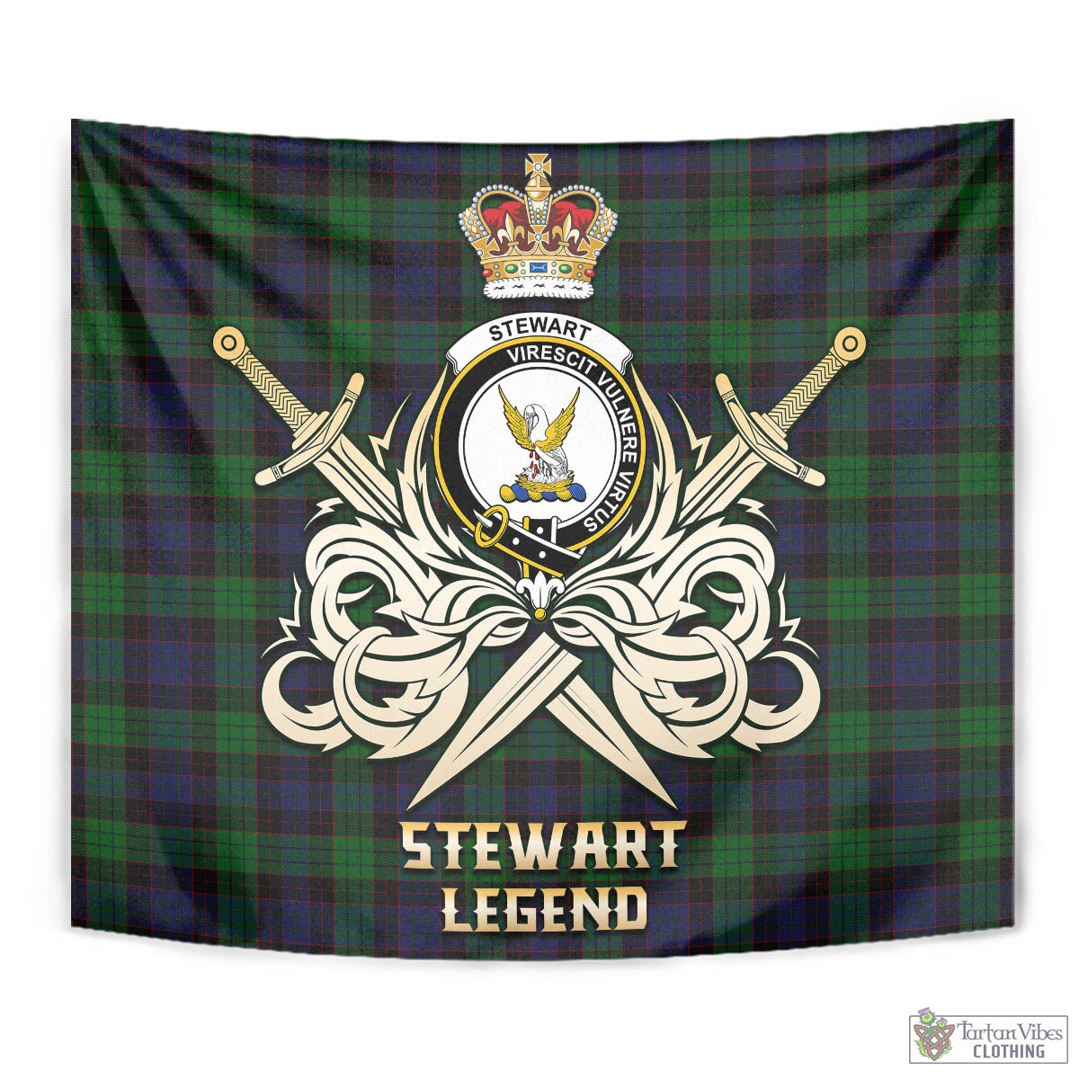 Tartan Vibes Clothing Stewart Old Tartan Tapestry with Clan Crest and the Golden Sword of Courageous Legacy