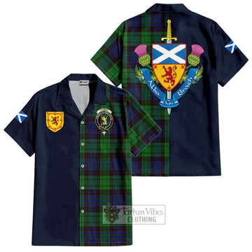 Stewart Old Modern Tartan Short Sleeve Button Shirt Alba with Scottish Lion Royal Arm Half Style