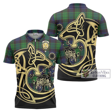 Stewart Old Modern Tartan Zipper Polo Shirt with Family Crest Celtic Wolf Style