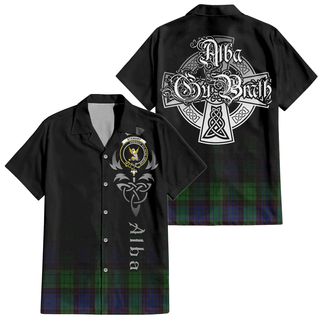 Tartan Vibes Clothing Stewart Old Modern Tartan Short Sleeve Button Up Featuring Alba Gu Brath Family Crest Celtic Inspired