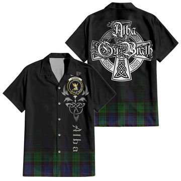 Stewart Old Modern Tartan Short Sleeve Button Up Shirt Featuring Alba Gu Brath Family Crest Celtic Inspired