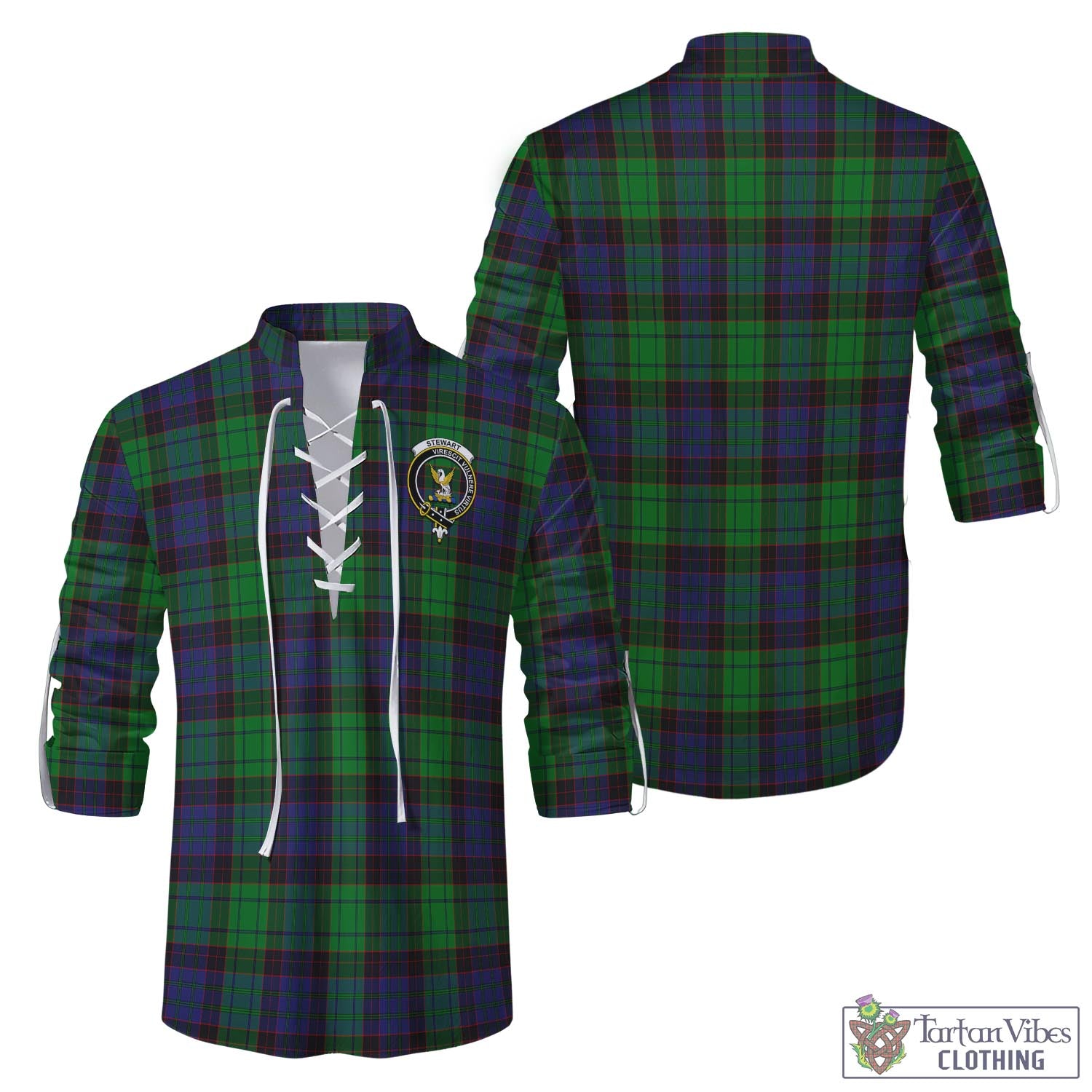 Tartan Vibes Clothing Stewart Old Modern Tartan Men's Scottish Traditional Jacobite Ghillie Kilt Shirt with Family Crest